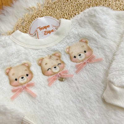  Conj. Casaco de Pelinho Três Ursinhas e Calça de Veludo - Off White e Rose